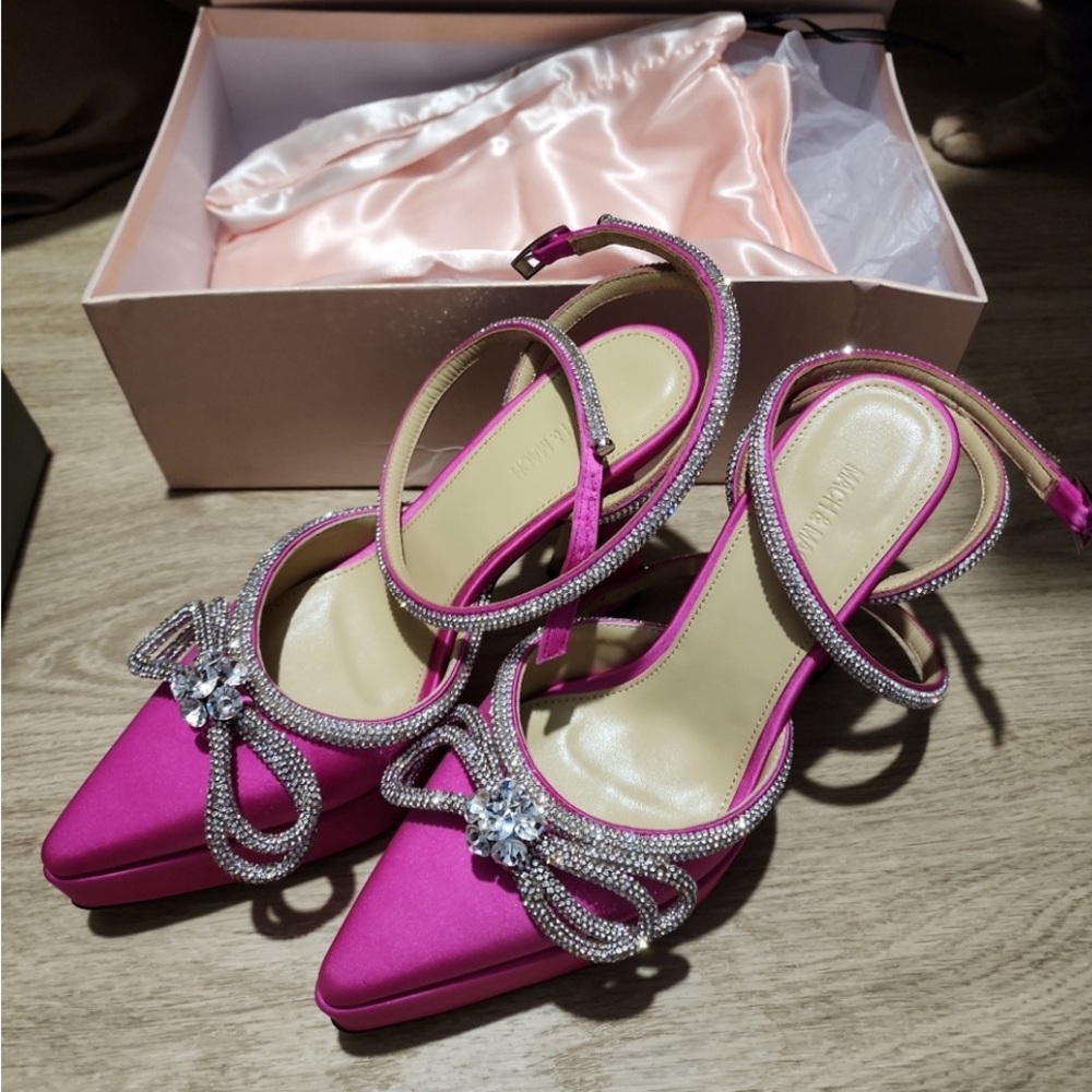 MACH & MACH140MM DOUBLE BOW SATIN PLATFORM PUMPS size 37 Fushia